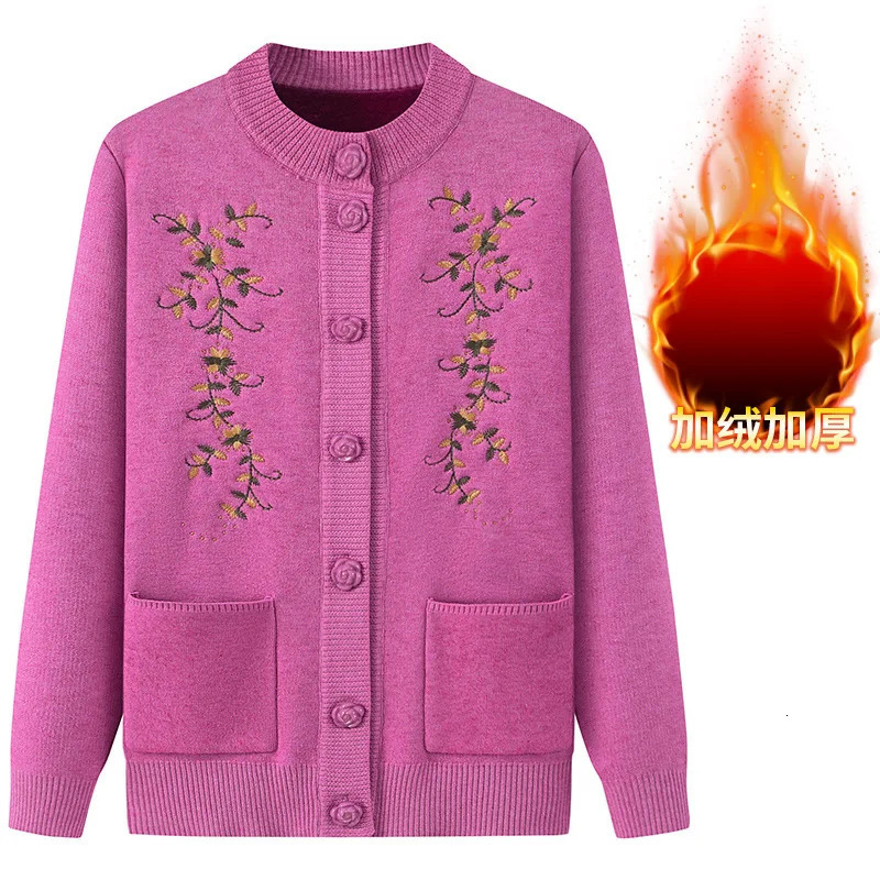 Fdfklak Vintage Print Woolen Shirt Casual Knitted Sweater Women Autumn Winter Velvet Cardigans Coat Middle Aged Mother Tops 250108