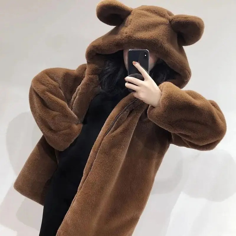 Mens Faux Fur Hooded Coat Autumn Winter Mink Jacket Cute Bear Ears Thickened Loose Solid Color Tops 250107