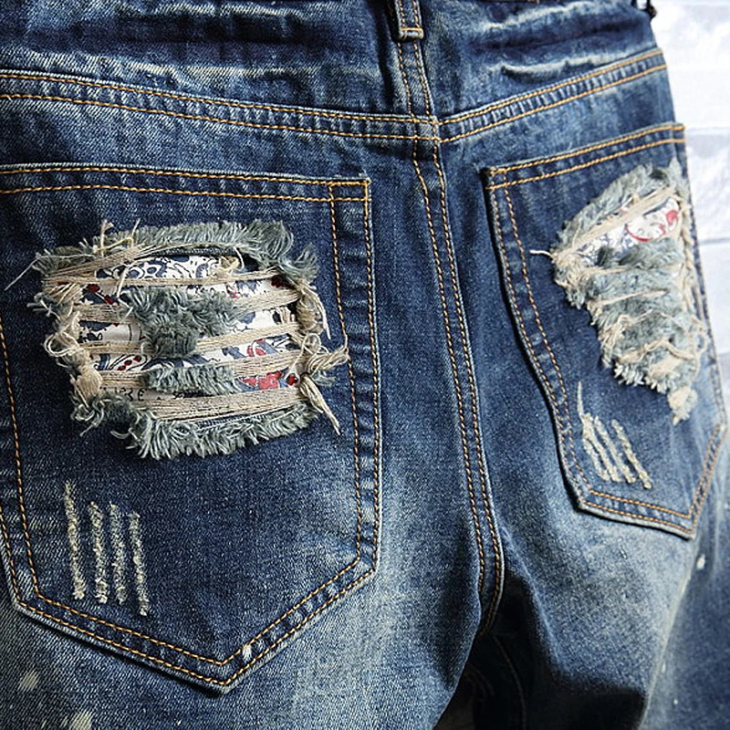 Summer Mens Retro Split Short Jeans Street Wear Worn Hole Slim Fit denim shorts Beggar Trendy Middle Pants Blue 250108