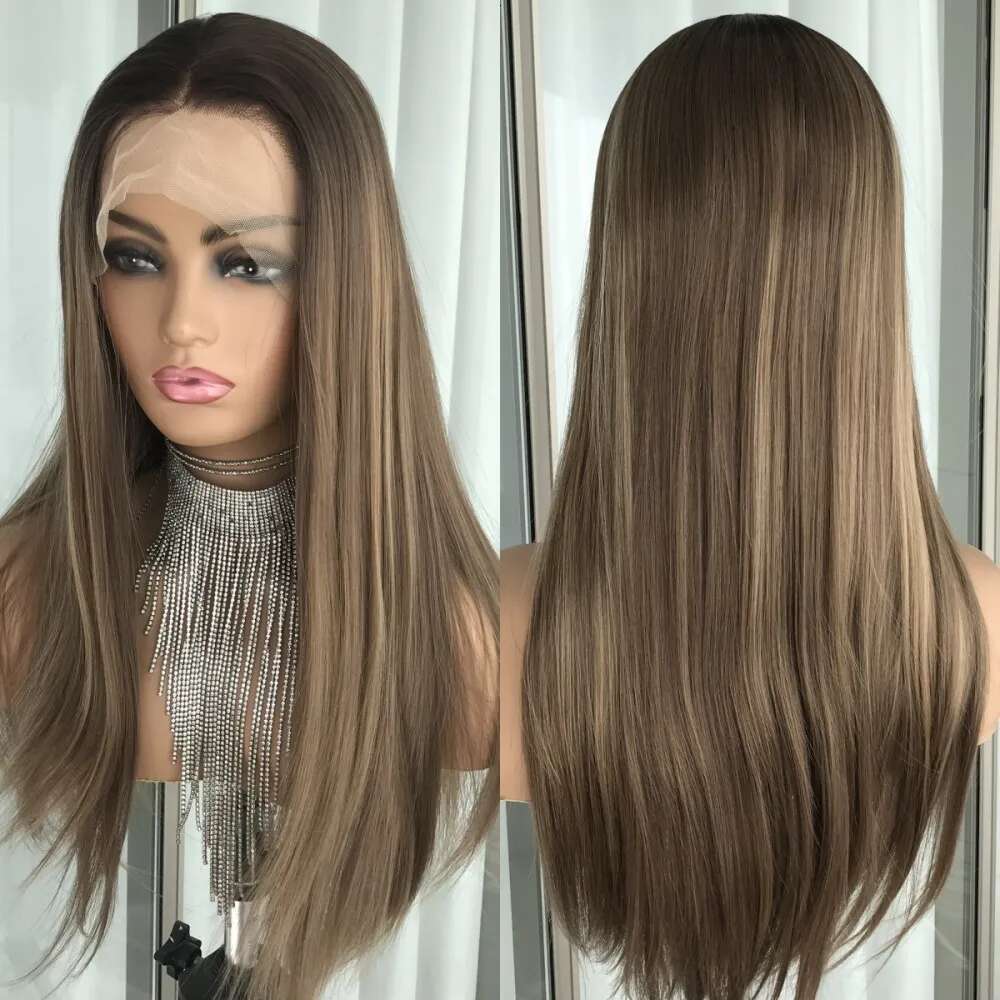13X4 Front Wig Straight Synthetic Lace Wigs For Women Brown Color Pre Plucked 18Inches Heat Resistant Fiber Hair