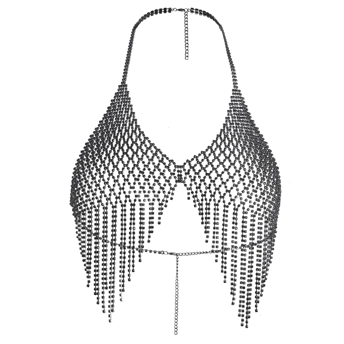 Fashionable Grid Tassels Retro Style Black Rhinestone Chest Chain Nightclub Womens Body Chain Jewelry 250107