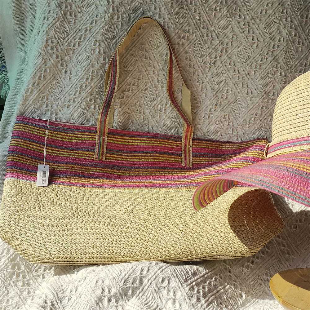 Hat and bag set Warm striped design summer straw hat travel bag fashionable and breathable straw hat womens beach sun hat X250109