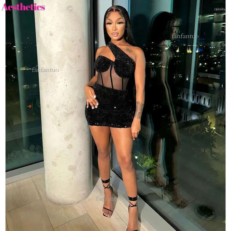 Casual Dresses Sexy Shiny Sequin Bodycon Mini Dress Inclined One Shoulder Mesh Vestidos Outfits 2023 Summer Night Club Birthday Party