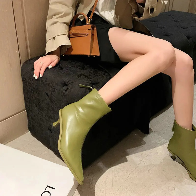 QUTAA 2025 Fashion Women Ankle Boots Sexy Autumn Winter Pointed Toe High Heels Genuine Leather Casual Black Shoes Size 34-43 250106