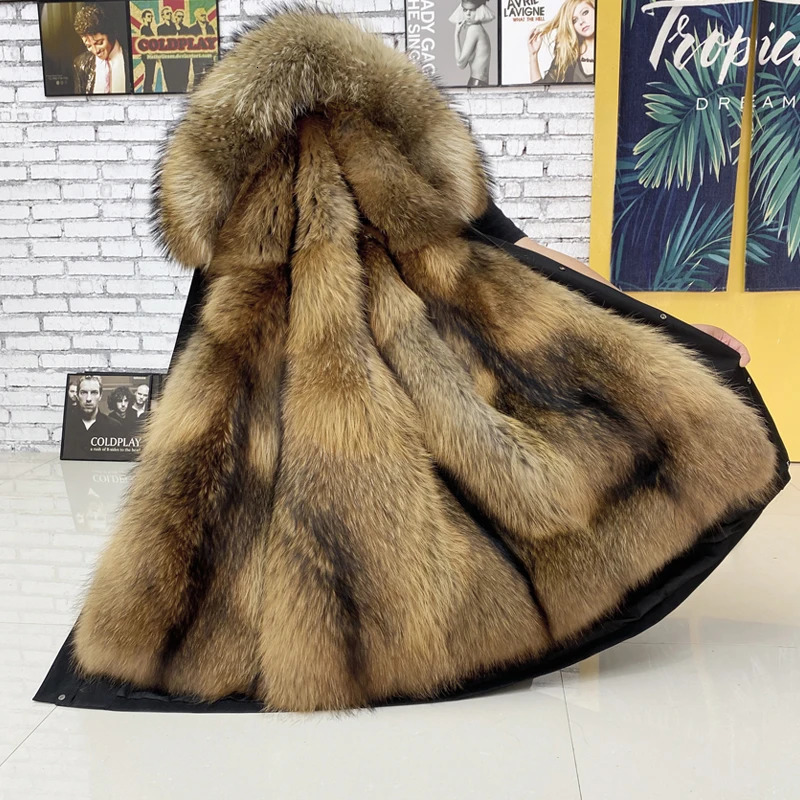 HANZANGL Fur Coat Mens Plus Size Winter Thick Parkas Hooded Jackets Liner Detachable Men Long Overcoat M5XL 250107