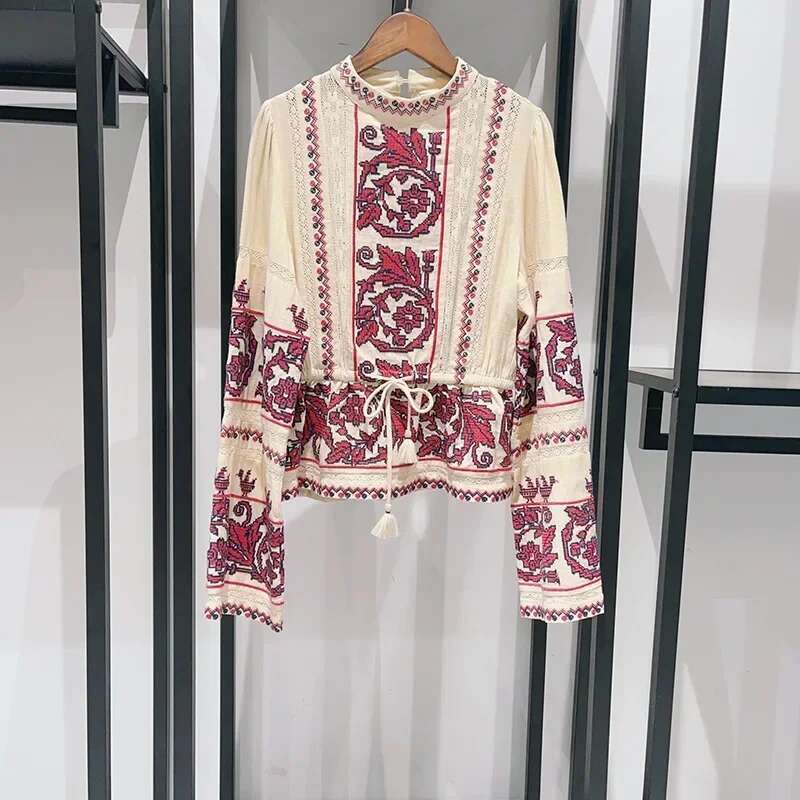Women 2024 Early Autumn New Cross- Classical Pattern Round Neck Drawstring Waist Pullover