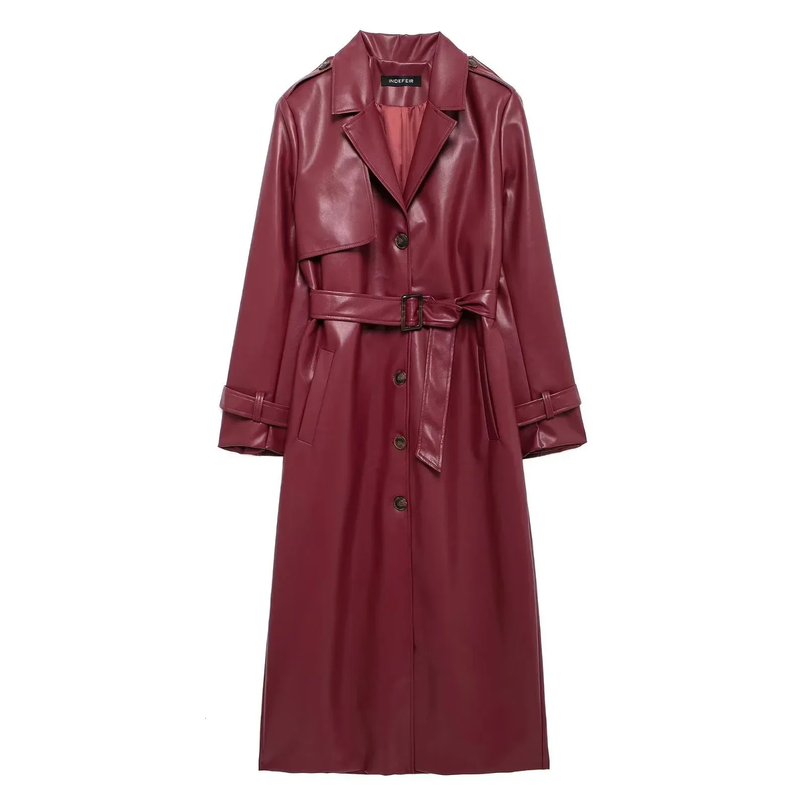 2024 Women Fashion with Belt Long Style Single Breasted Faux Leather Coat Vintage Sleeve Pockets Female Outerwears 250103