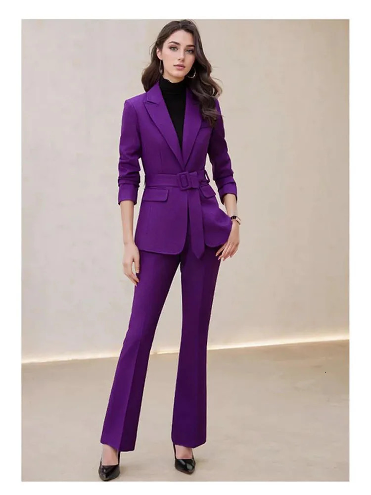 Elegant Fashion Lace Up Blazer Sets for Women 2 Pieces Autumn Chic Casual Long Sleeves Flare Pant Female Clothing Suit 250109