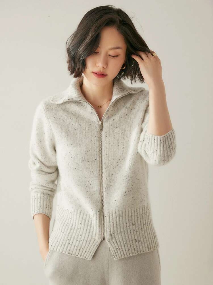 Autumn Winter Women Zipper Sweater Turn Down Collar Cardigan100% Cashmere Knit COS Style Colorful Dot Yarn Popular Top