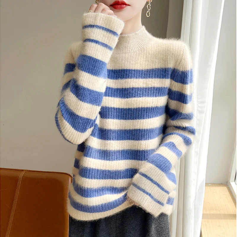 Autumn and Winter 7Pin Thickened Womens Sweater 100% Pure Wool MockNeck Stripes Knitwear Comfortable Warm Pullover 250108