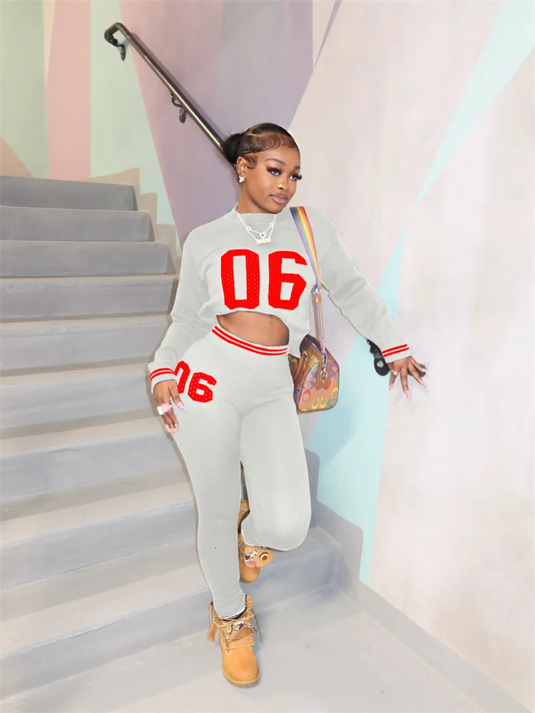 Long Sleeves Crop top tracksuits Womens Suits Casual Bodycon Pants White Blue Sweater 2 Two Piece Sets Sweatshirts 250106