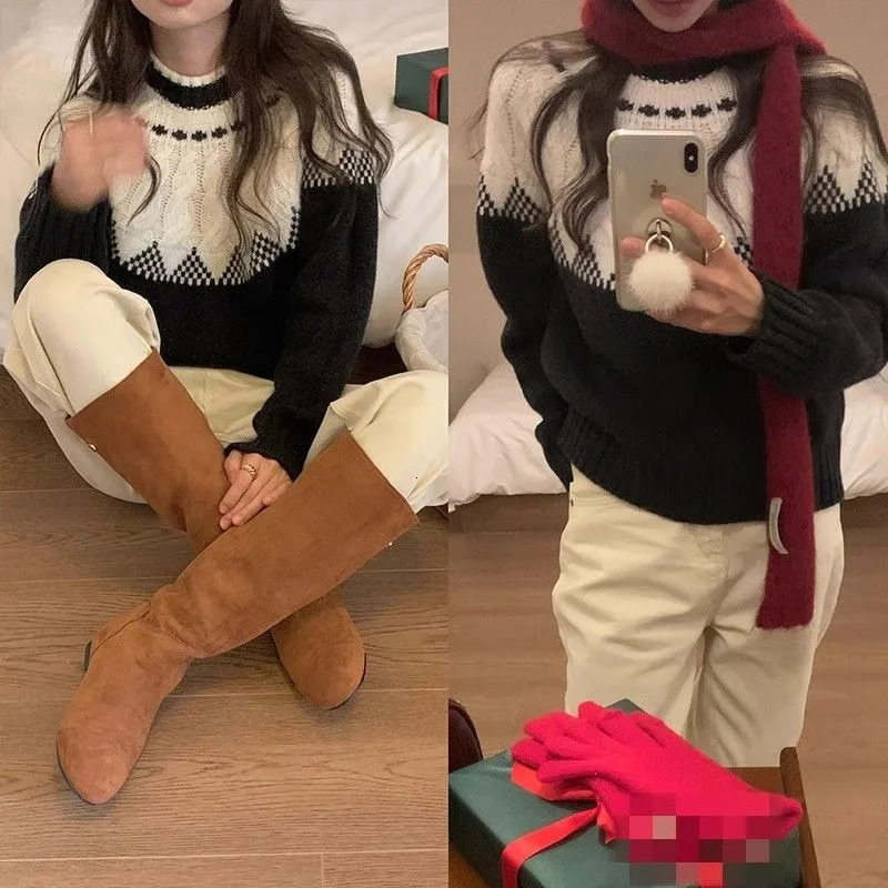 Women Autumn Winter Korean Fashion Patchwork Color Blocking Oneck Clothing Retro Pullover Sweater Long Sleeve Top 250108