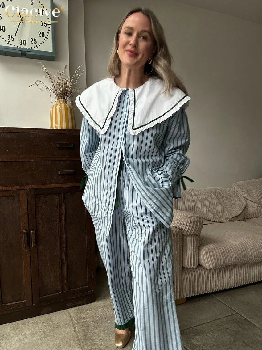Clacive Fashion Loose Stripe Print Patchwork 2 Piece Sets Women Outfit Elegant Long Sleeve Shirt With High Waist Wide Pants Set 250106