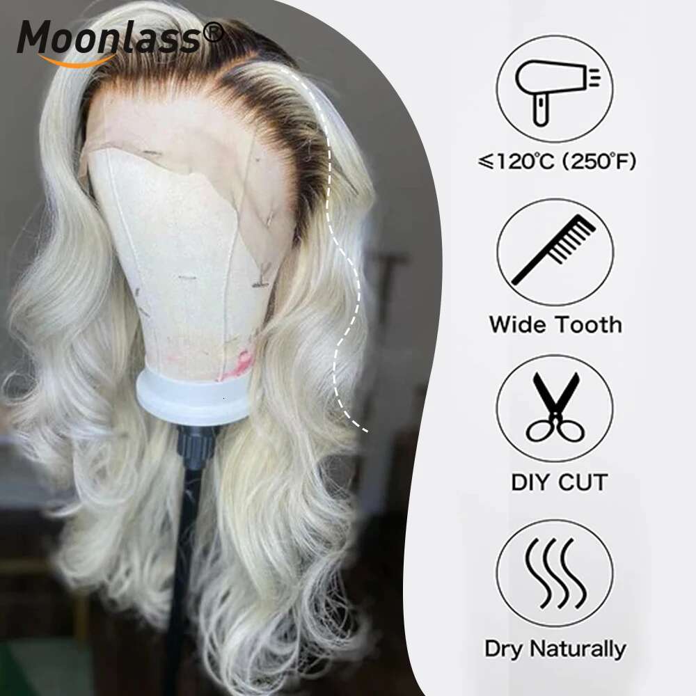 Moonlass Christmas Platinum Blonde With Dark Roots Body Wave 100% Real Human Hair 210% Density Pre Cut Ready To Wear Wig
