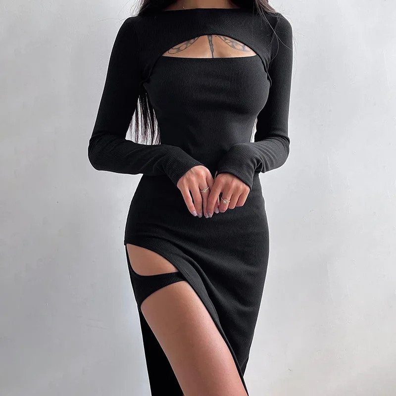 Y2k Sensual Sexy Dress For Women Party Clothes Chest Hollow Leggings Split Fork Bag Hip Knitted Vestidos Robe Midi Dresses 250106