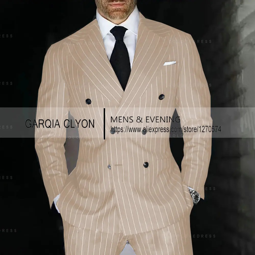 Grey Striped Mens Suits Double Breasted For Wedding Custom Made Man Costume Groom 2Pieces Tuxedos Blazer Pants 250102