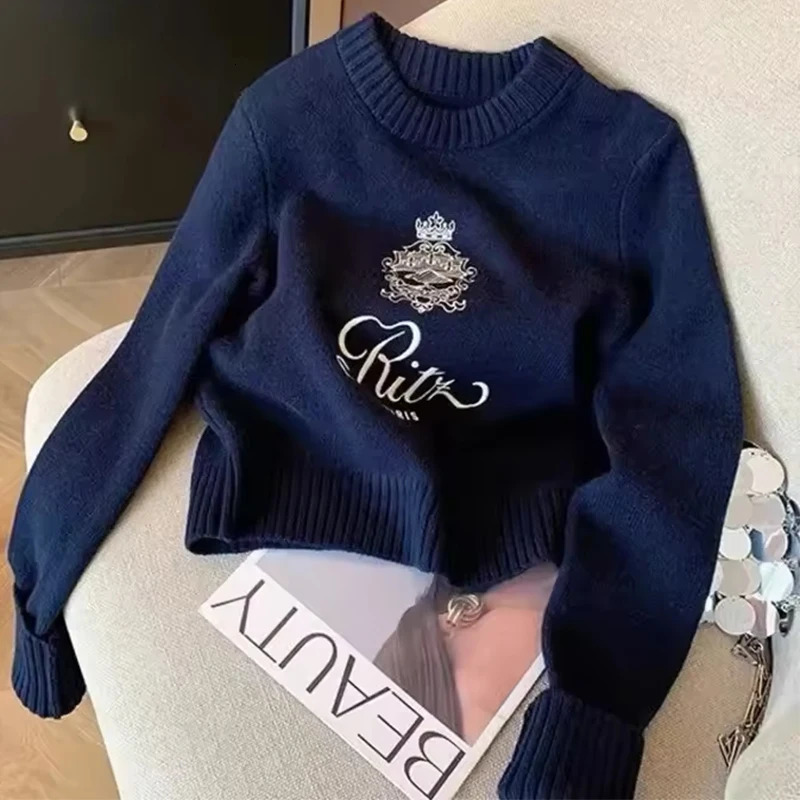 Letters y Pullover Sweater Autumn Winter Women Round Neck Long Sleeve Knitwear Jumper Female Casual n Tops 250108
