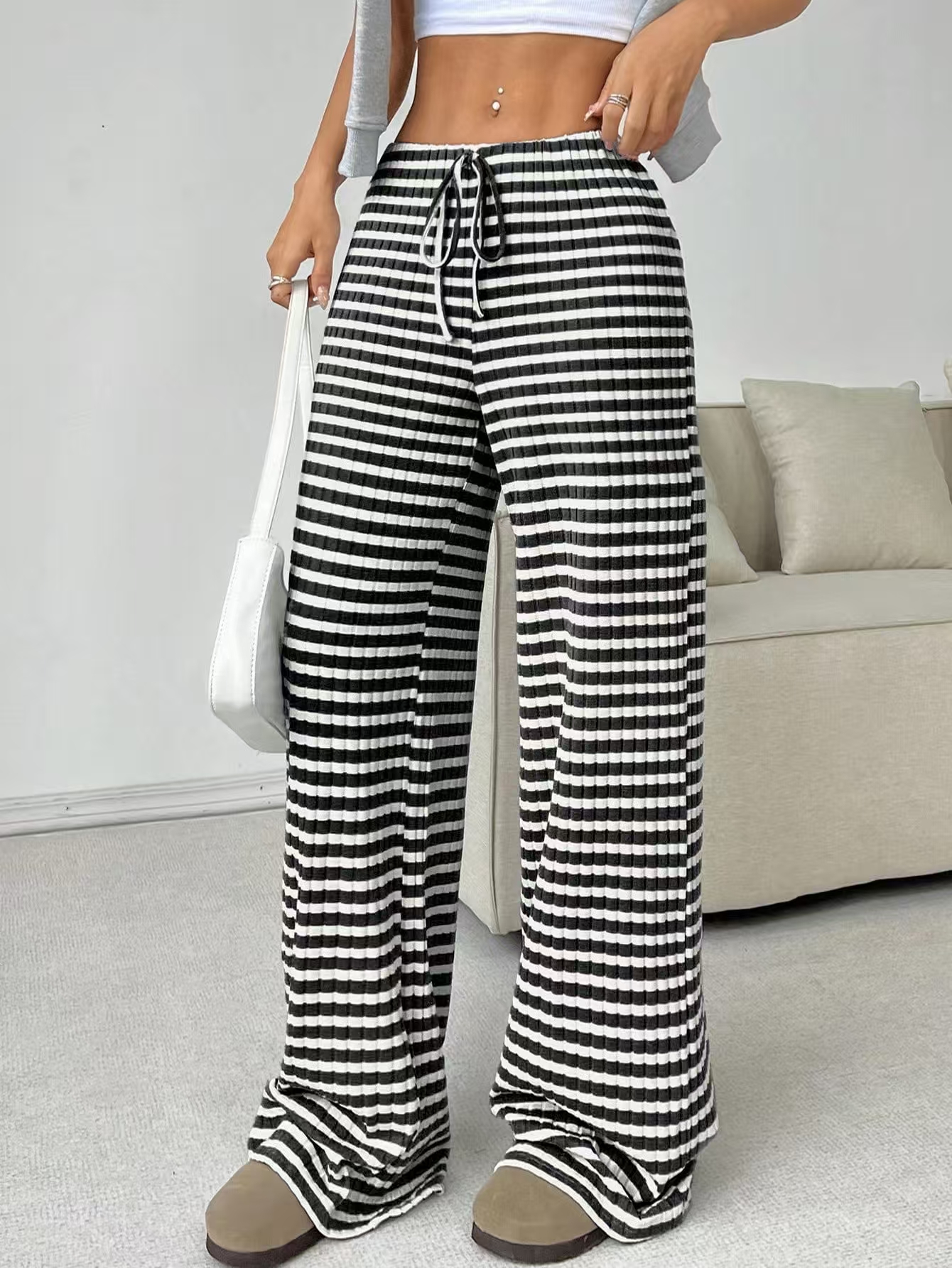 Thin towel wide-leg pants women's high waist drooping loose slim straight casual striped knitted pants mopping the floor in summer#3453
