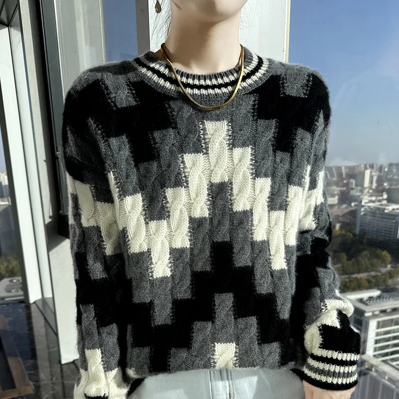 Autumn Winter Thick Round Neck Jacquard Womens Top 100% Pure Wool Knitted Sweater Long Sleeve Loose Chic Pullover Shirt 250108