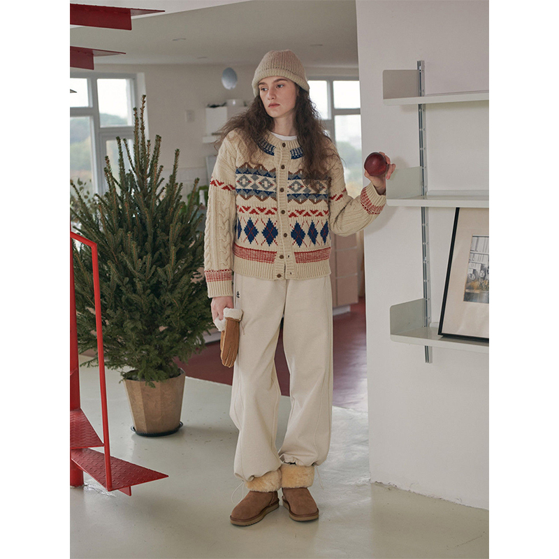 Vintage Argyle Knitted Cardigan Women Christmas Print Sweater Outerwear Winter Aesthetic Knitwear Korean Long Sleeve Jumpers New
