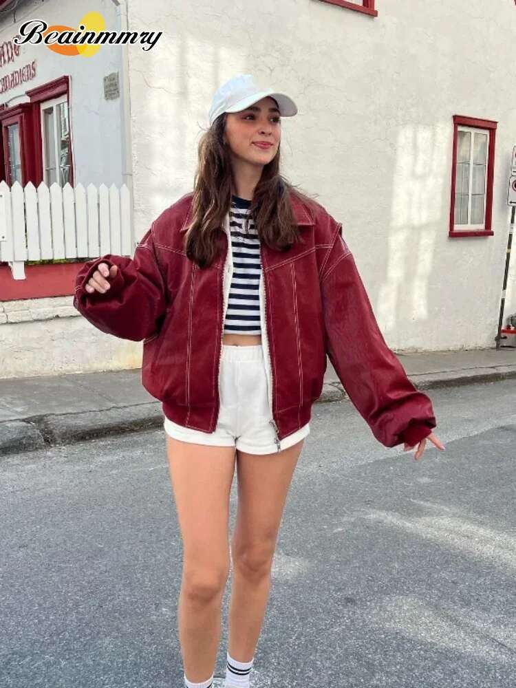 2025 Spring Red Contrast Leather Bomber Women's Jacket Fashion Zipper Front Lapel Pocket Coats New Lady High Streetwear