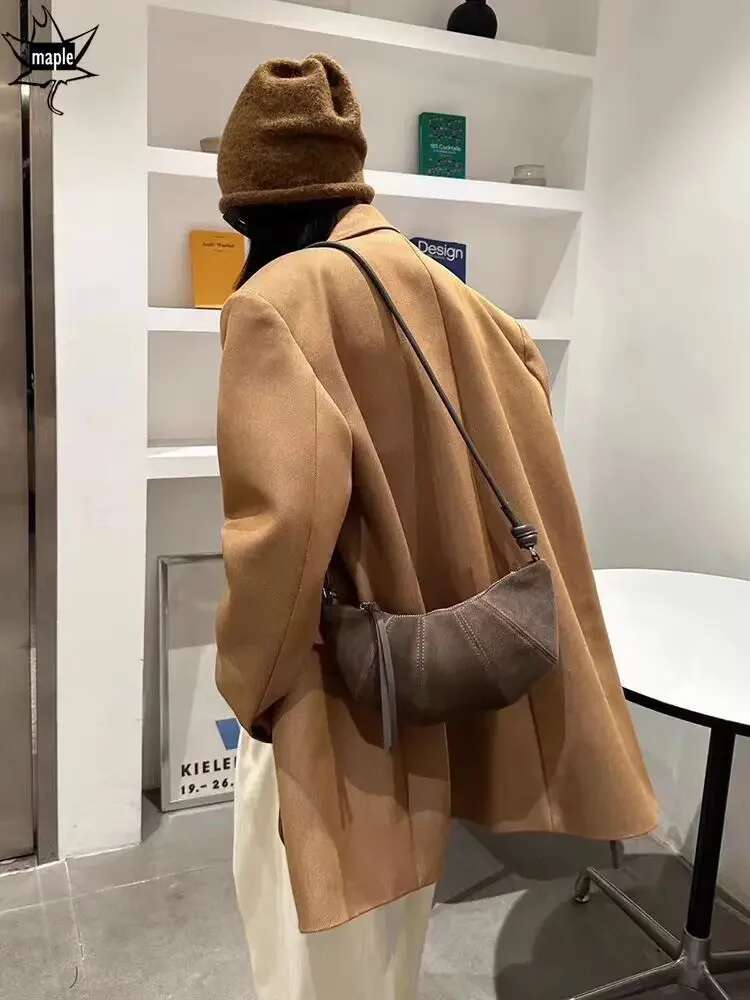 New Autumn Croissant Shape Women Crossbody Kakhi Real Suede Cow Leather Female Shoulder Bag Small Daily-Use Half-Moon Purse