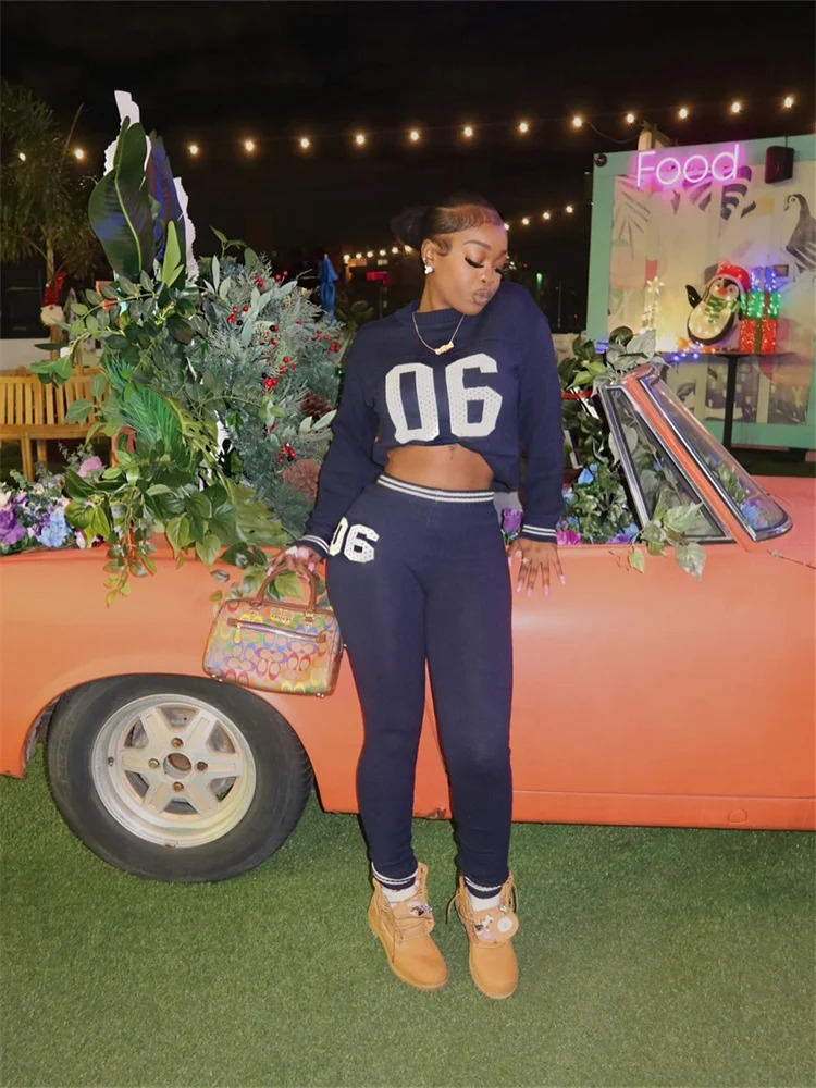 Long Sleeves Crop top tracksuits Womens Suits Casual Bodycon Pants White Blue Sweater 2 Two Piece Sets Sweatshirts 250106