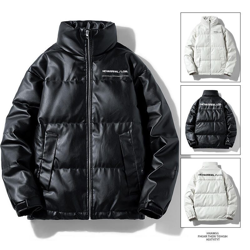 Men's Jackets Winter PU leather down jacket thick and warm white duck down leather jacket loose and versatile stand up collar casual and fashiona