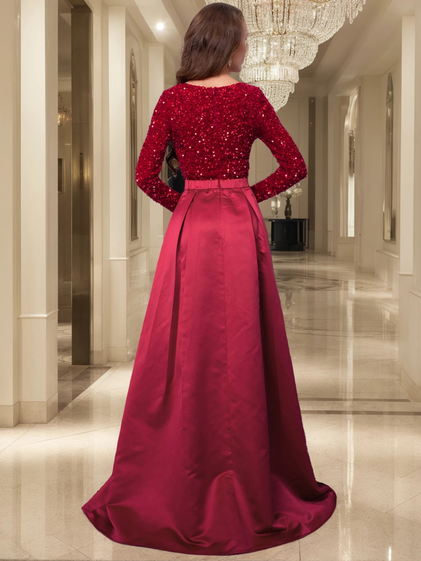 Romagic Women V Neck Sequin Satin Long Sleeves Evening Party Dress Christmas Prom Gown Floor Length Slit With Pocket Dresses 250106