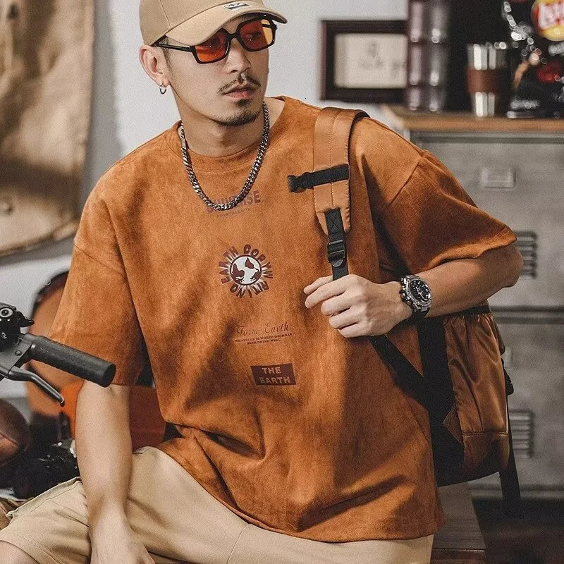 Summer Graphic Printed Suede Short Sleeve Tshirt For Men Y2K Streetwear Oversized Tee Shirts Hip Hop ONeck Tops 250106
