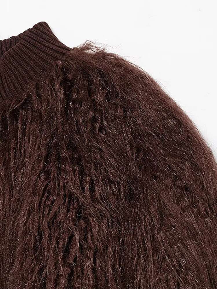 Classic Faux Fur Knitted Coat Vintage Fashion Fluffy Overcoat Round Neck Elegant Women Plush Outwear Winter Streetwear