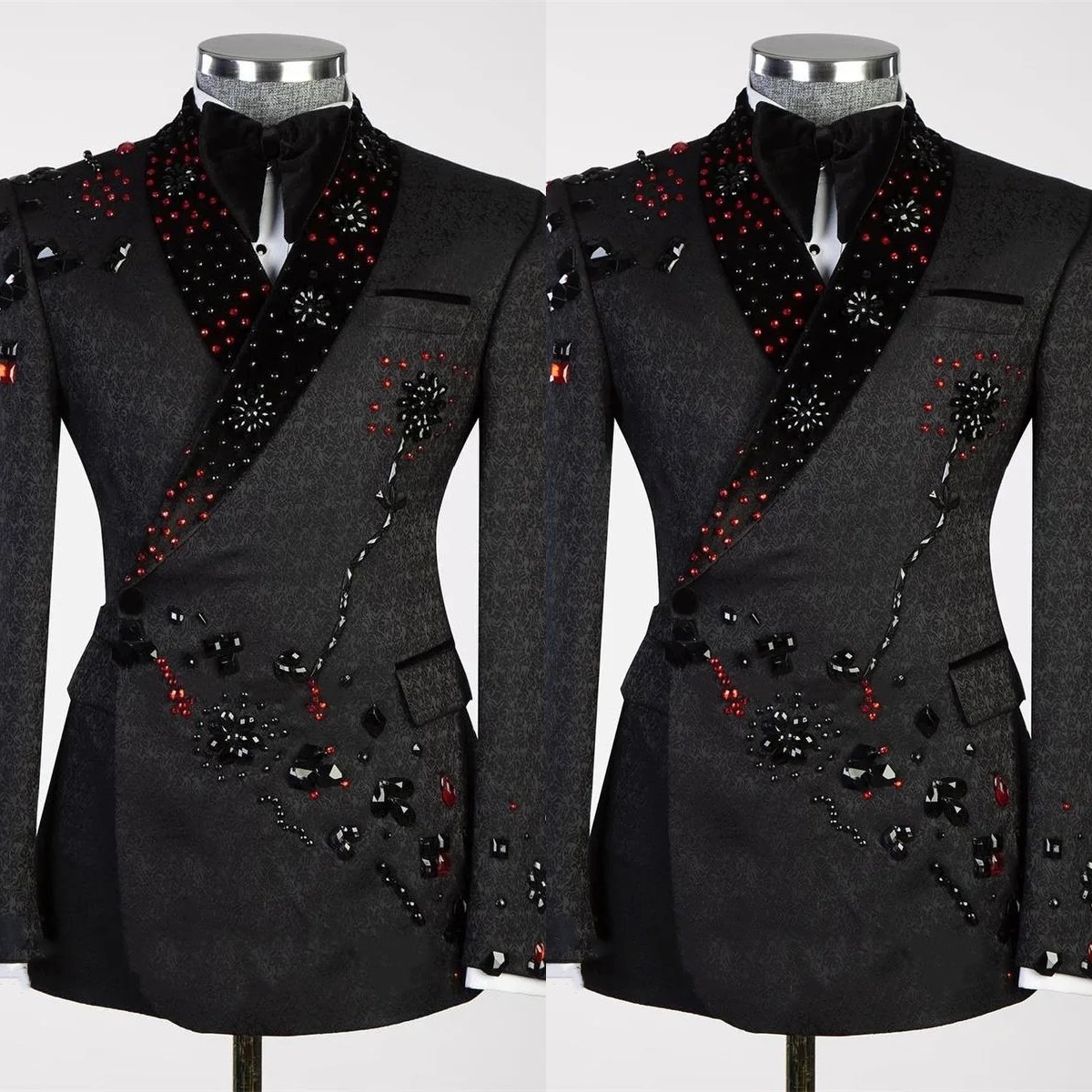 Fashion Men Wedding Suits Shawl Lapel Rhinestone Beaded Groom Wear Tuxedos 2 Pieces Set Jacquard Business Jacket Evening Party Custom Made Blazer Pant