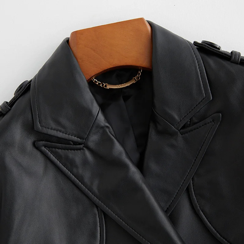 Lautaro Autumn Long Black Pu Lather Trench Coat for Women Sleeve Belt Epaulets British Style Fashion Leather Overcoat 250103
