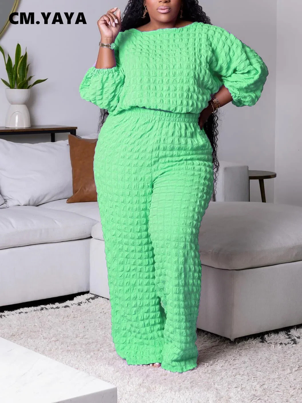 CMYAYA Plus Size Womens Set Fashion Full Sleeve Tshirt Top Wide Leg Pants Matching Two 2 Piece Outfit Tracksuit Fall 250106