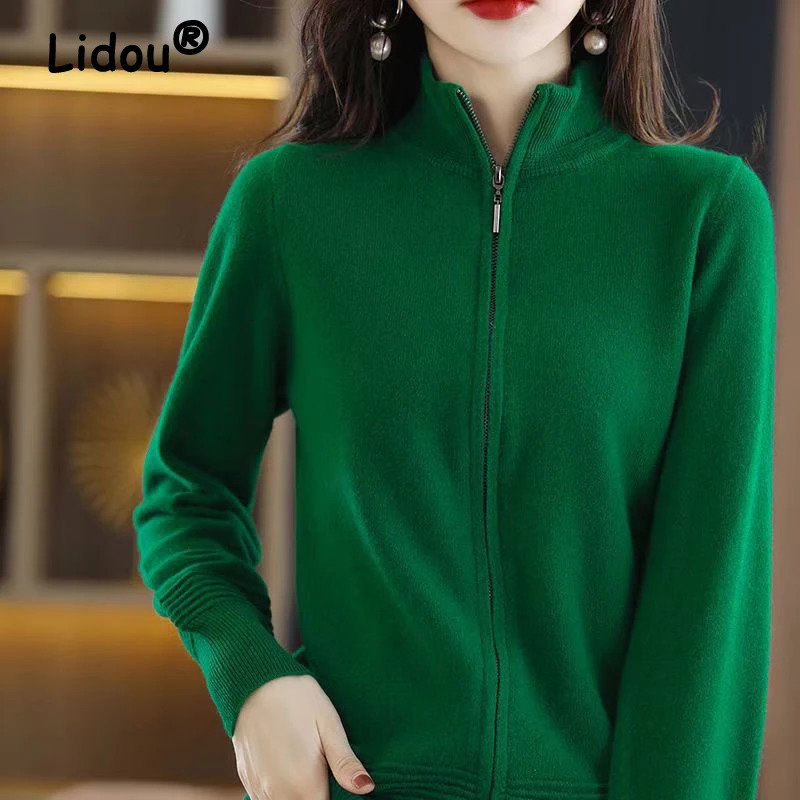 Spring Autumn Women Korean Fashion Simple Soft Cashmere Knitted Jacket Casual Solid Long Sleeve Zipper Sweater Cardigan 250108