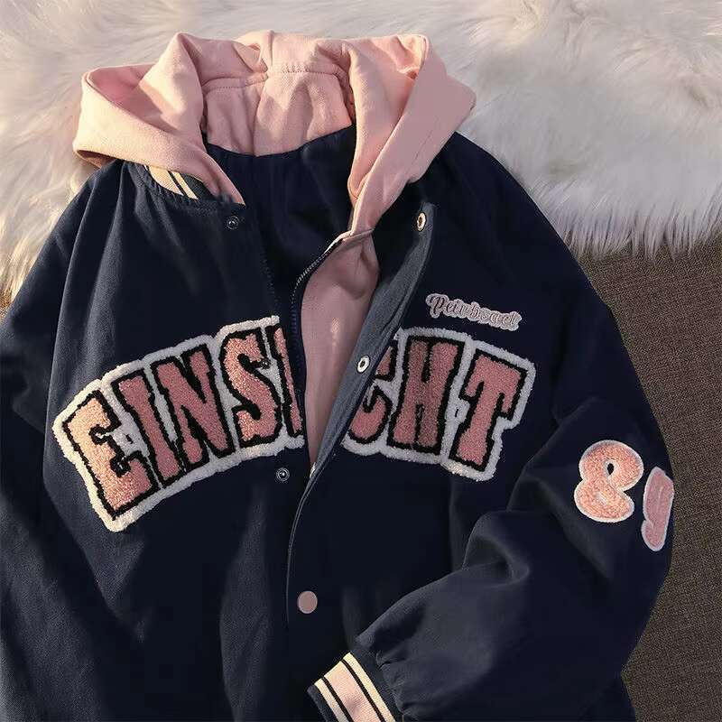 Women's Wear New American Retro Letter Embroidery Jackets Coats Women's Street Casual Trend Hooded Baseball Uniform Couple Loose Jacket