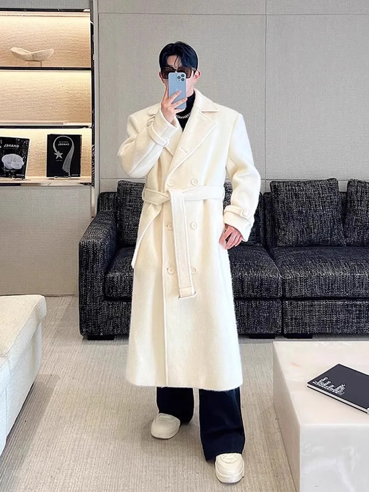 Autumn Winter Thicken Double Breasted Pink Woolen Long Coat Men Solid Color Business Casual n Loose Fit Fashion Overcoat 250106