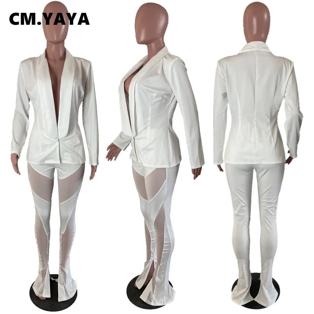CMYAYA Elegant Women Two 2 Piece Set Outfits One Button Blazer Top and Mesh Patchwork Slit Flare Pants Suit Street Tracksuit 250106