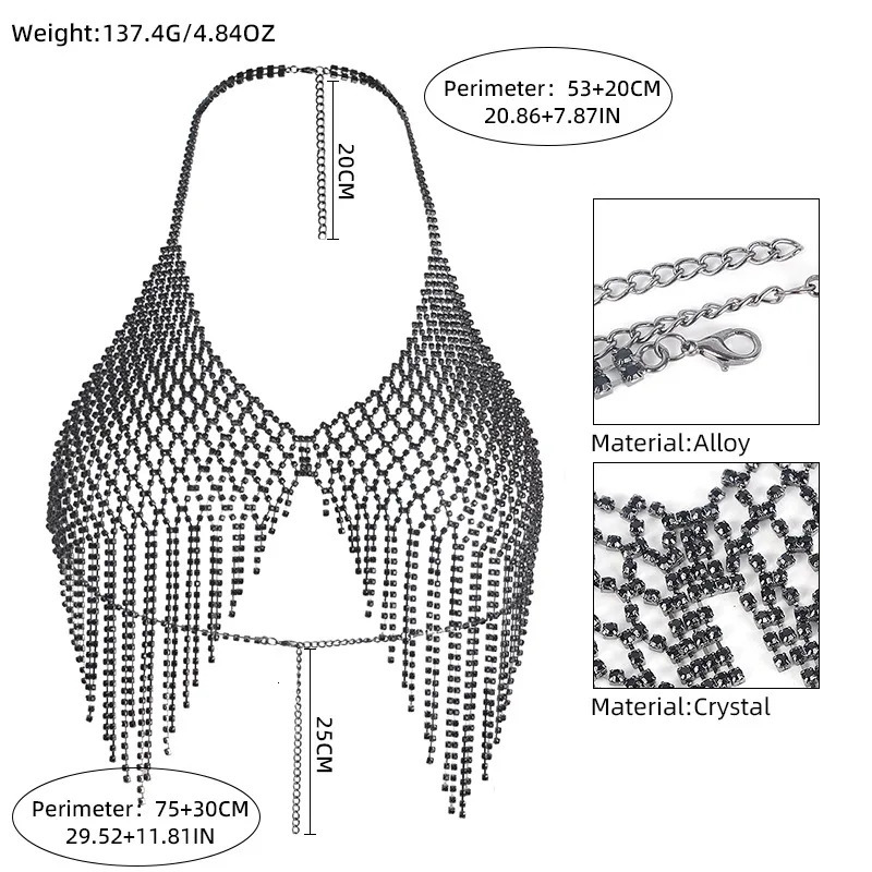 Fashionable Grid Tassels Retro Style Black Rhinestone Chest Chain Nightclub Womens Body Chain Jewelry 250107