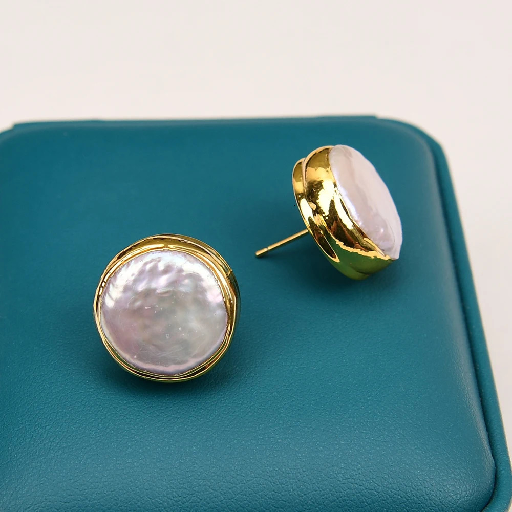 G-G Natural Culture White Coin Pearl Big Casey Pearl Stud Earrings Gold Plated Classic Earrings Wedding Jewelry Gifts 250109