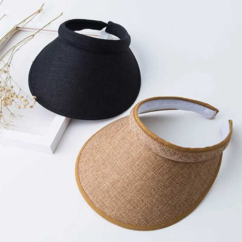 Wen Ladies summer woven straw hat empty top beach hat clipped onto a solid color wide UV resistant breathable sun hat X250109