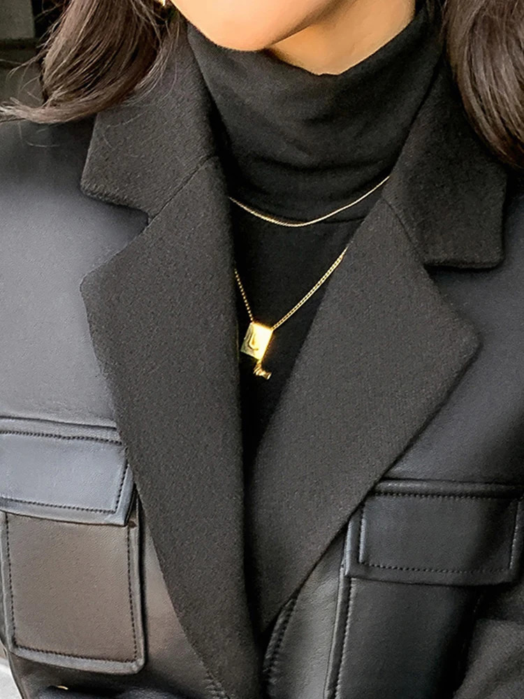 Nerazzurri Autumn Black Wool Blends Patchwork Leather Jacket Women with Many Pockets Long Sleeve Korean Fashion Streetwear 250103