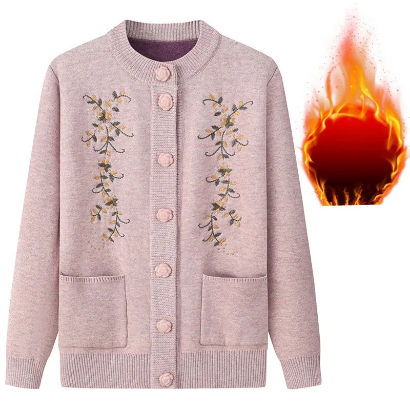 Fdfklak Vintage Print Woolen Shirt Casual Knitted Sweater Women Autumn Winter Velvet Cardigans Coat Middle Aged Mother Tops 250108