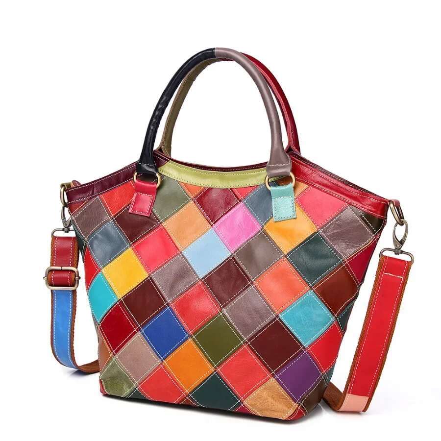Fashion Women Candy Color Bucket Bags Women's Shoulder Real Cow Leather Crossbody Bag Female Girl Multicolour Plaid Handbag