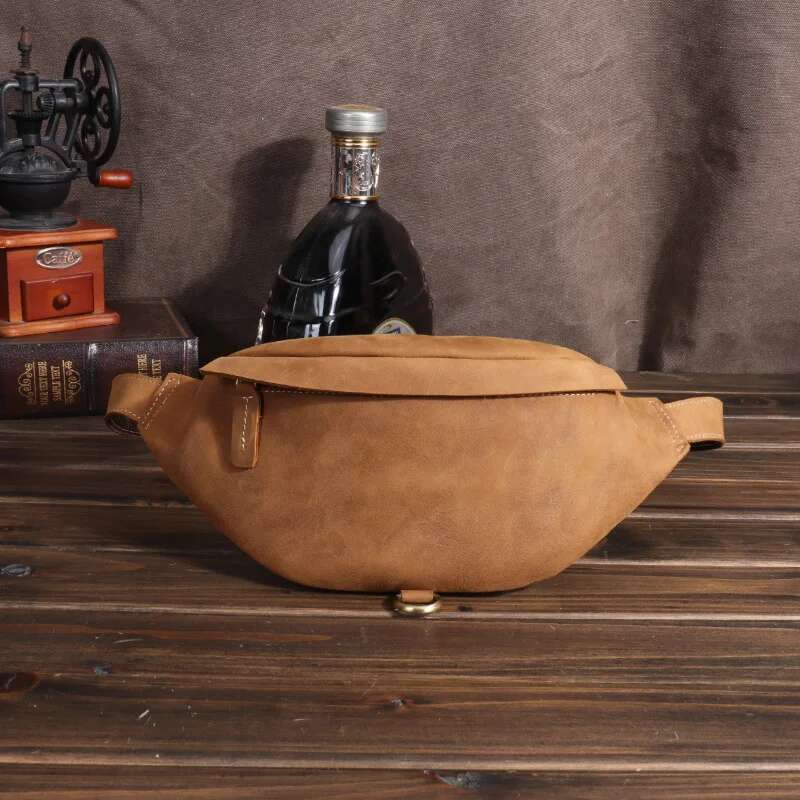 Sports Head Layer Cowhide Multi-Functional Mobile Phone Waist Pack Crazy Horse Leather Men's Bag Retro