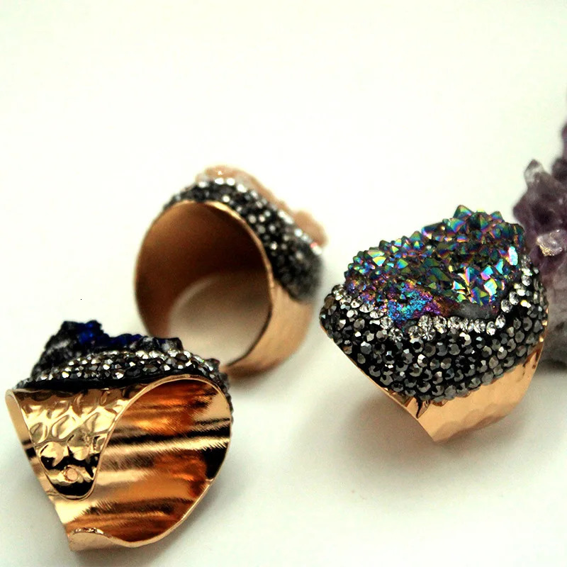 Natural Cluster Druzy Ring Shiny Color Women Adjustable Open Ring Punk Style Wide Size Orginal Stone 250106