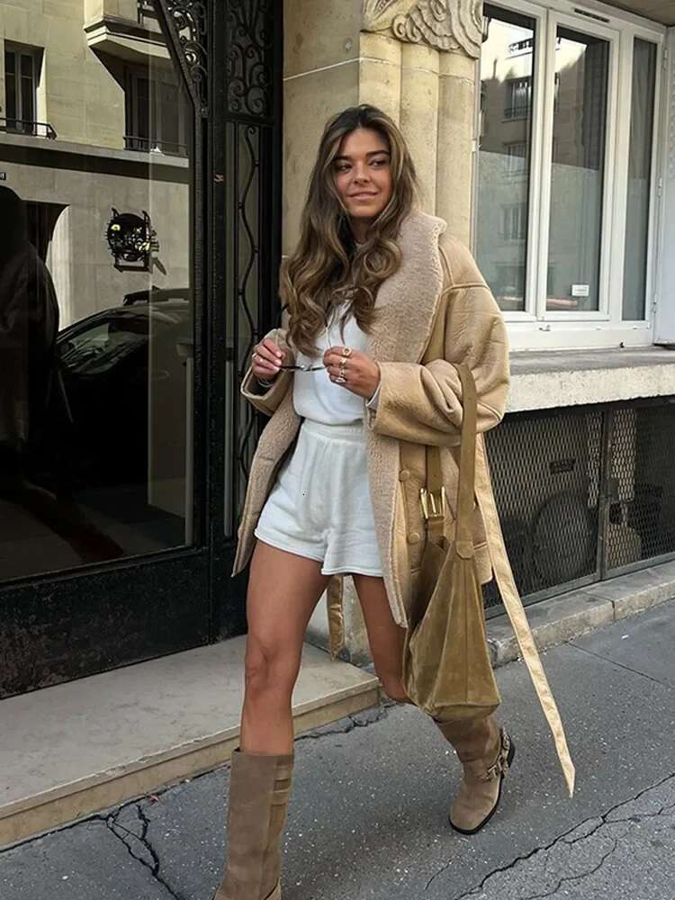Faux Wool Leather Coats With Belt For Women Loose Lapel Pocket Long Sleeve Overcoat 2024 Female Autumn Winter Warm Streetwear