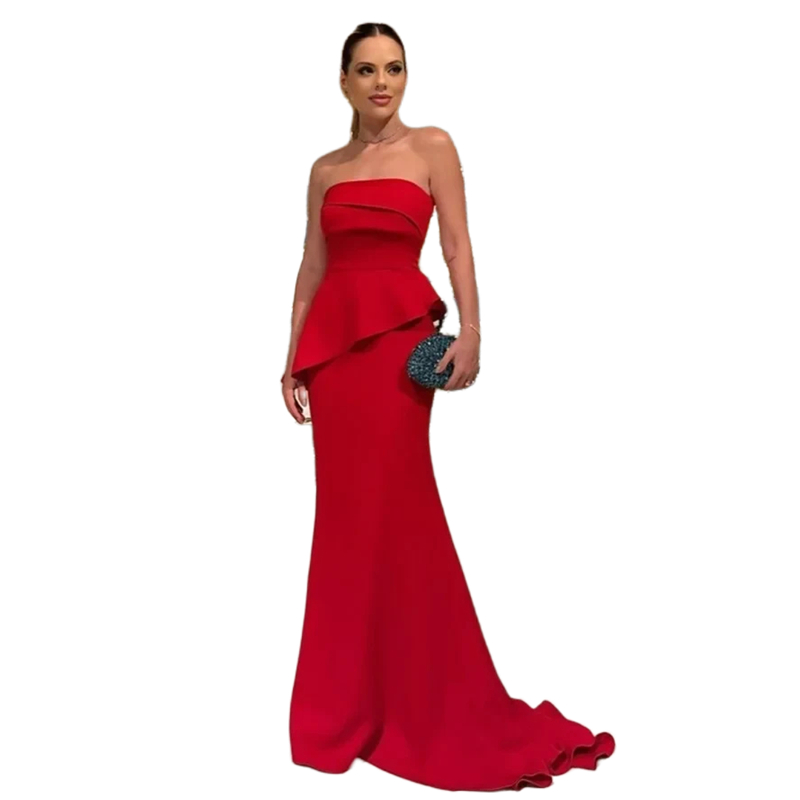 Simple Red Satin Mermaid Prom Dresses Sweep Train Strapless Sleeveless Long Evening Gowns 2025 Chic Special Occasion Dress