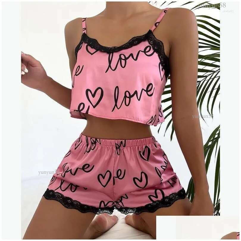 Womens Sleepwear Two Pieces Set Pajama Shorts Suit Print Underwear Pijama Sexy Lingerie Camisoles Tanks Nighty Ladies Drop Delivery A Dhdcn