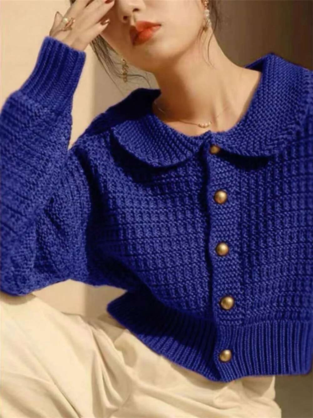 2022 Autumn Orange Crop Top Peter Pan Collar Button Up Korean Fashion Knit Cardigan Sweater Coat Fall Winter Women Y7267
